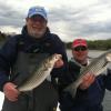 Bill Taylor (L) and Jeff Moschella of Bass Pro had their way with stripers on Pine Hill Point on Prudence Island
